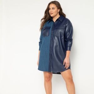 Eloquii Faux Leather and Denim Blocked Shirtdress - Plus Size, Shacket